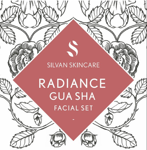 Silvan Skincare Radiance Gua Sha Facial Set with face oil and rose quartz stone.