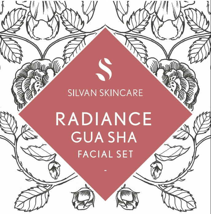 Silvan Skincare Radiance Gua Sha Facial Set with face oil and rose quartz stone.