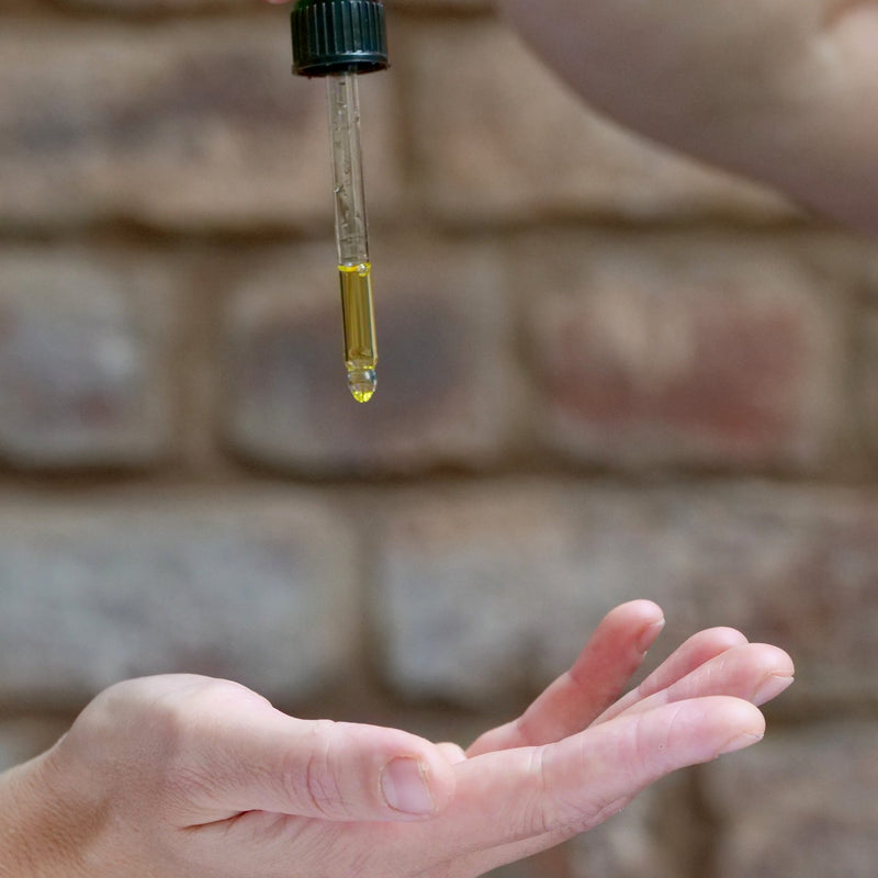 Person holding a dropper with a small bottle of face oil against a stone wall background
